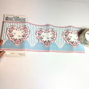 Vtg Daisy Kingdom Prepasted Wallpaper Border Pink Roses Hearts Cottagecore NOS